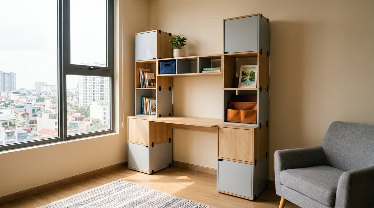 Bàn làm việc module tích hợp kệ sách — tối ưu chiều cao cho phòng nhỏ