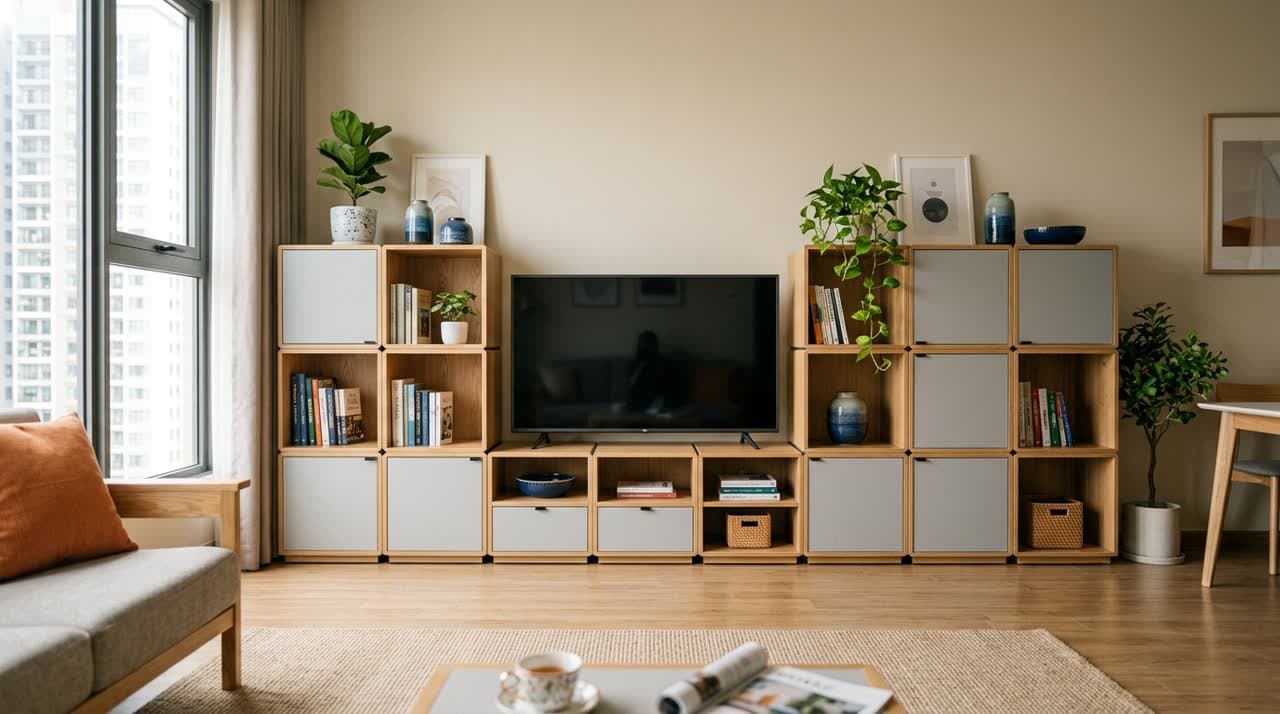 Kệ tivi module kết hợp kệ sách, kệ trang trí — mảng tường đa năng