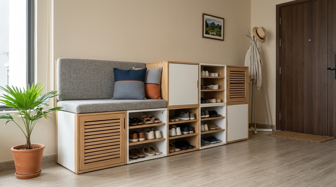 Tủ giày module kiêm ghế ngồi đi giày — một món hai công năng cho lối vào
